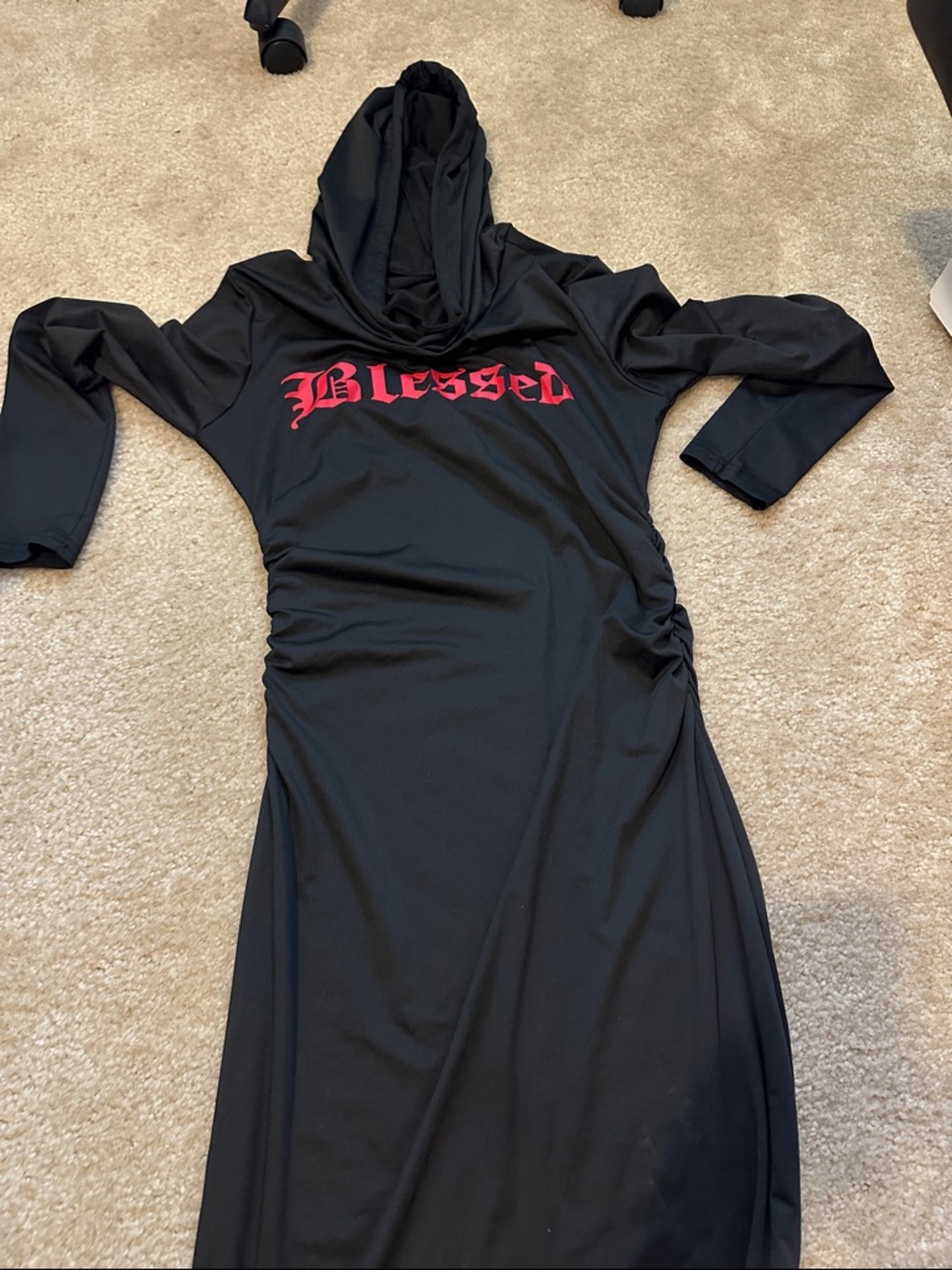 Black Hooded Maxi Dress with Red "Blessed" Graphic